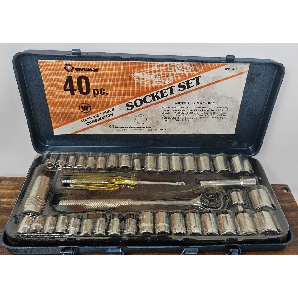 Vtg Wilmar Metric & SAE 40pc Socket Set Extensions Driver Metal Case Taiwan
